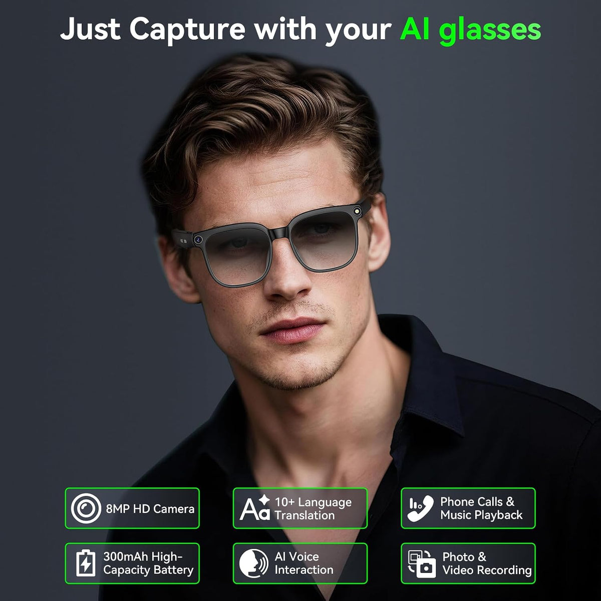 AI Smart Glasses with Camera, 8MP HD Bluetooth Camera Glasses, 1080P Video Recording, Sunglasses for Women Men || نظارات ذكية مزودة بكاميرا تعمل بالذكاء الاصطناعي، نظارات بلوتوث بدقة 8 ميجابكسل (HD) وتسجيل فيديو بدقة 1080P، مناسبة للرجال والنساء