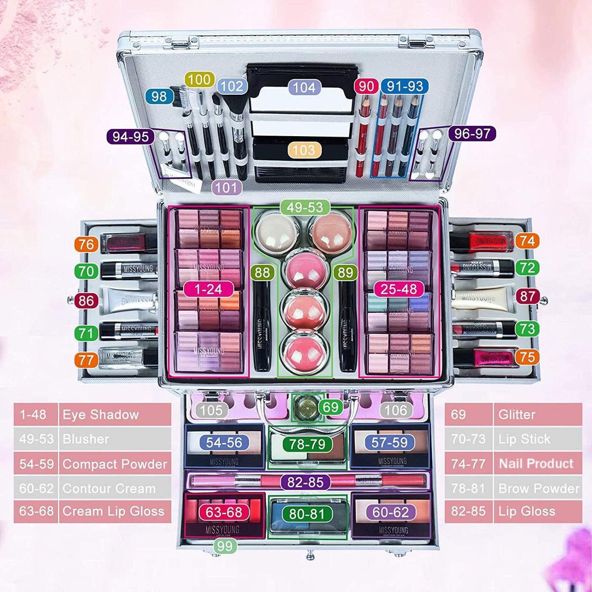 All-in-One Make-up Box Set Multi-purpose Cosmetic Storage Beauty Case Professional Contain Eyeshadow Concealer Lip gloss Blusher Compact Powder Eyebrow and Makeup Pencil Brush #1